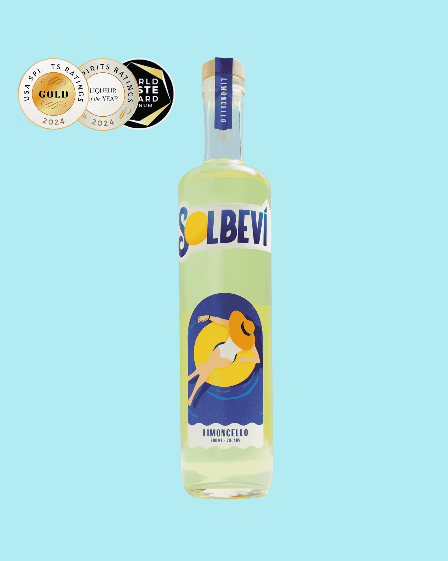 Solbevi Limoncello bottle with international award badges