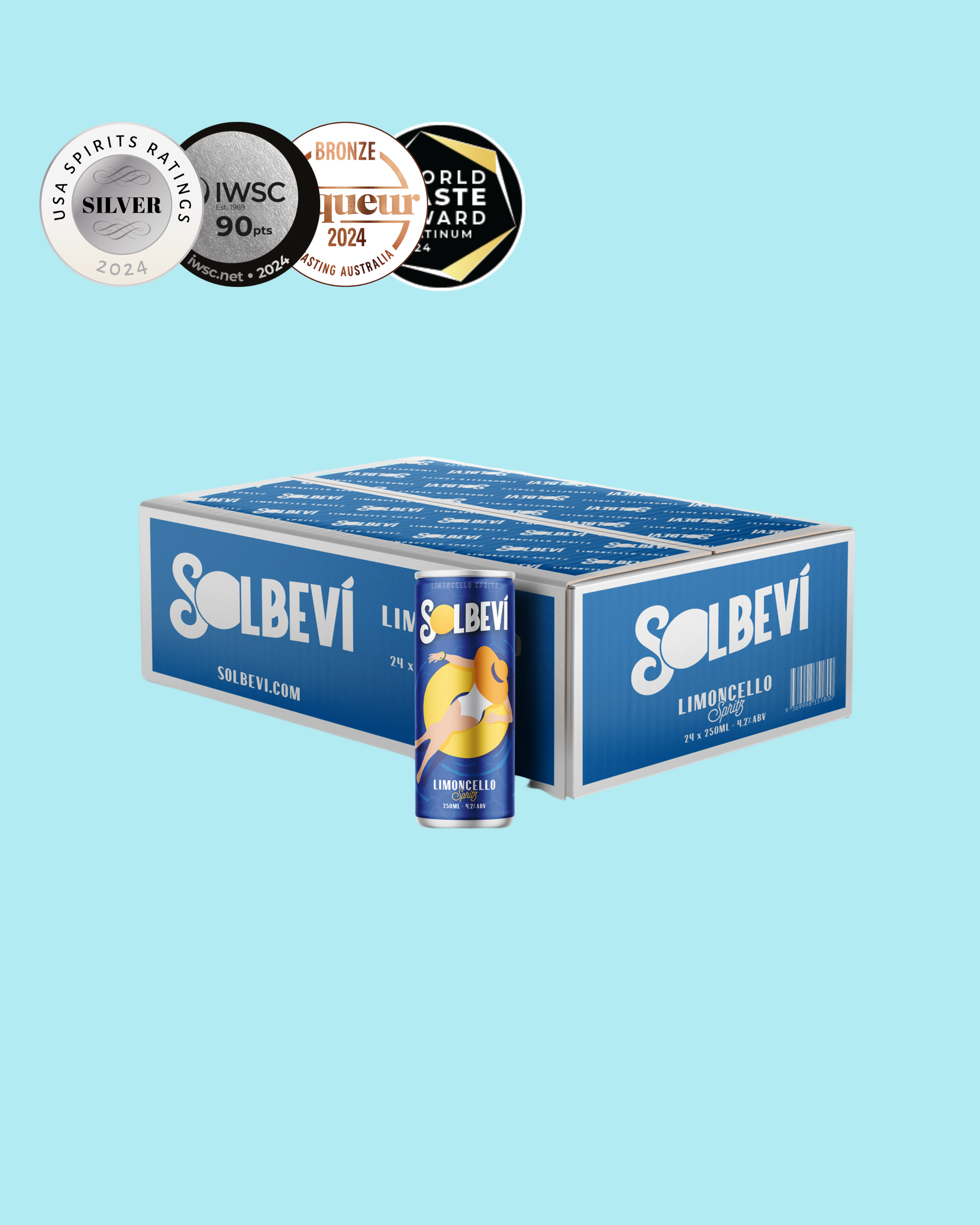 24-pack of Solbevi Limoncello Spritz with award logos displayed