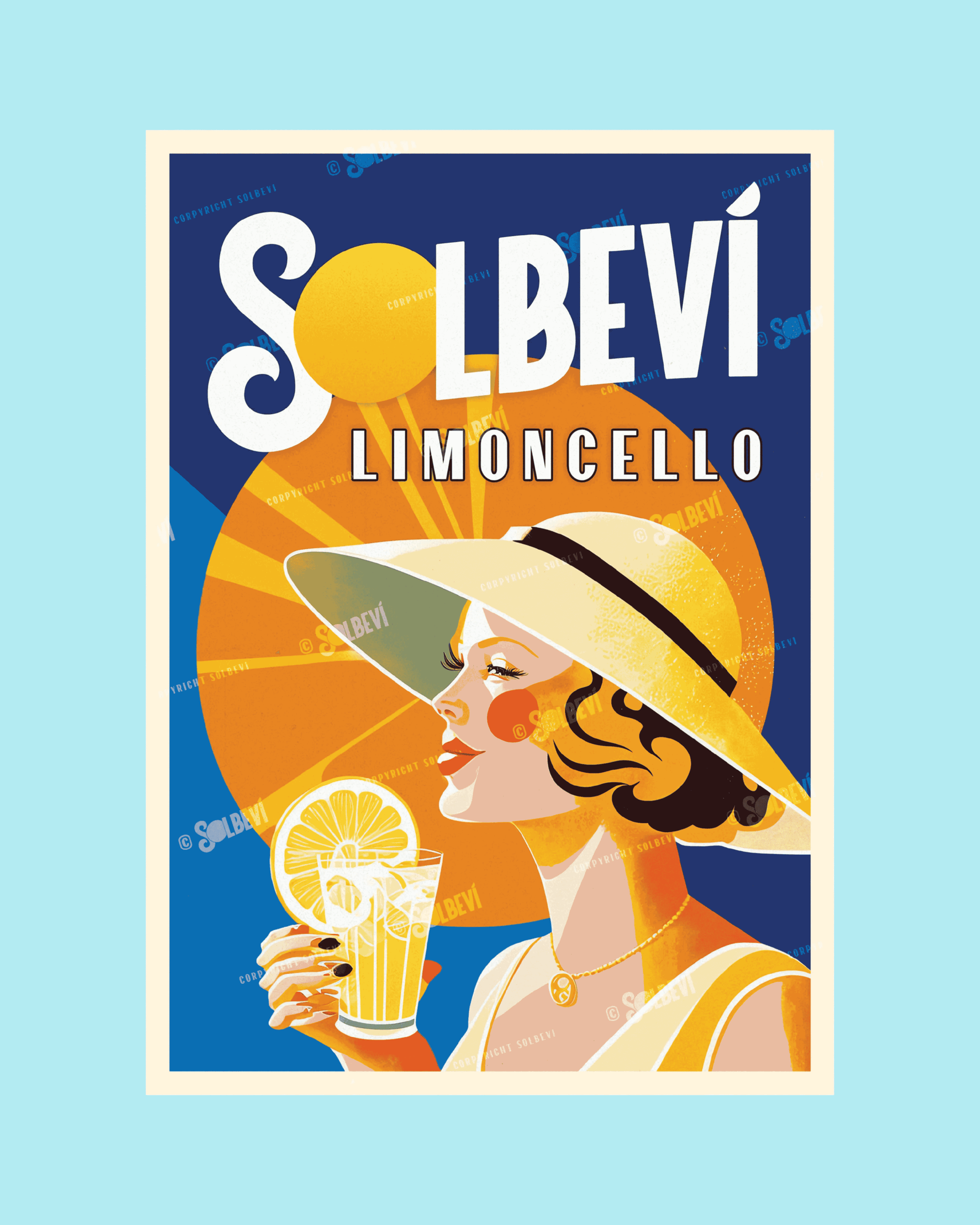 Solbevi vintage poster of a woman drinking limoncello against a blue background