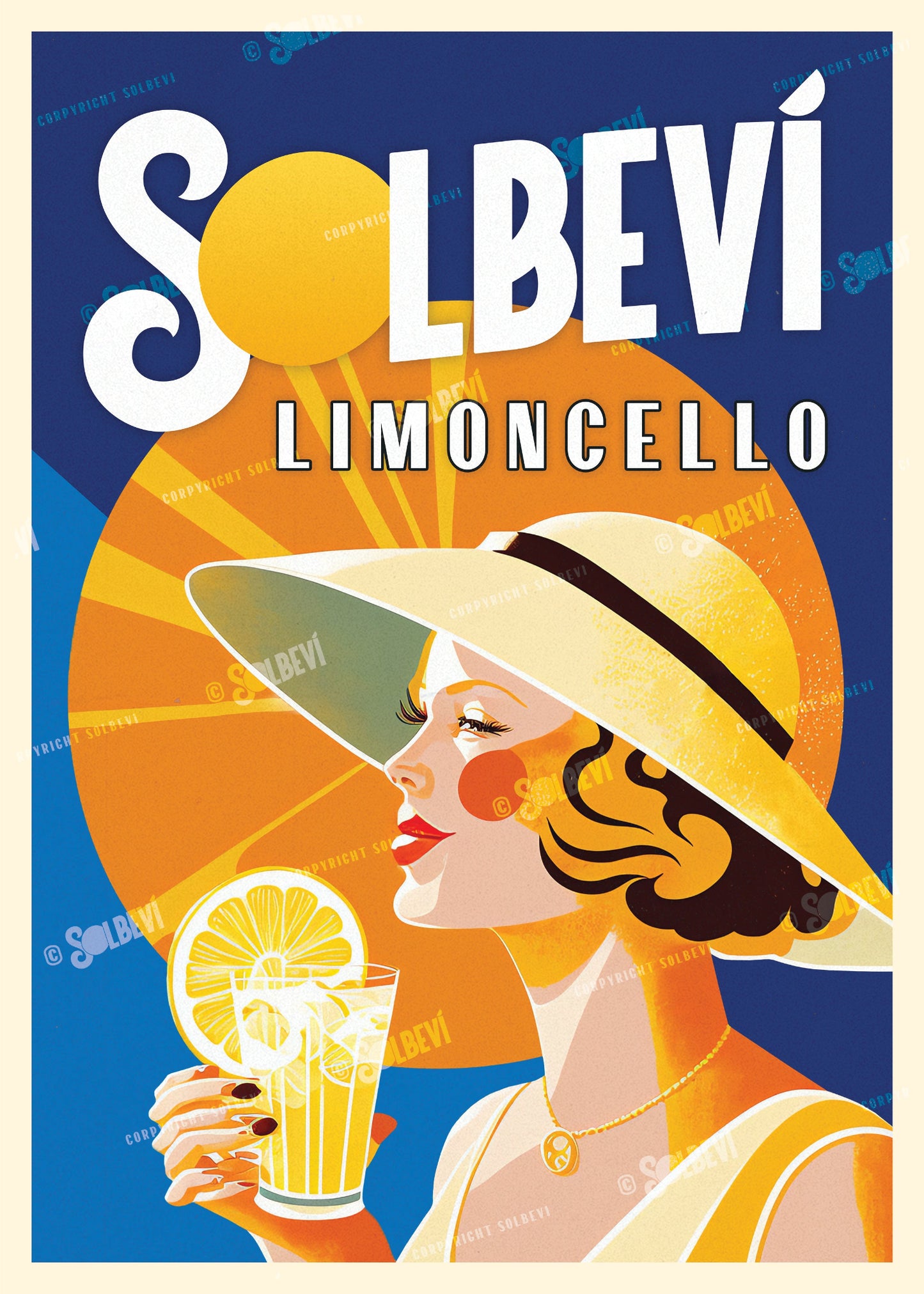 Closer view of Solbevi vintage poster of a woman drinking limoncello against a blue background