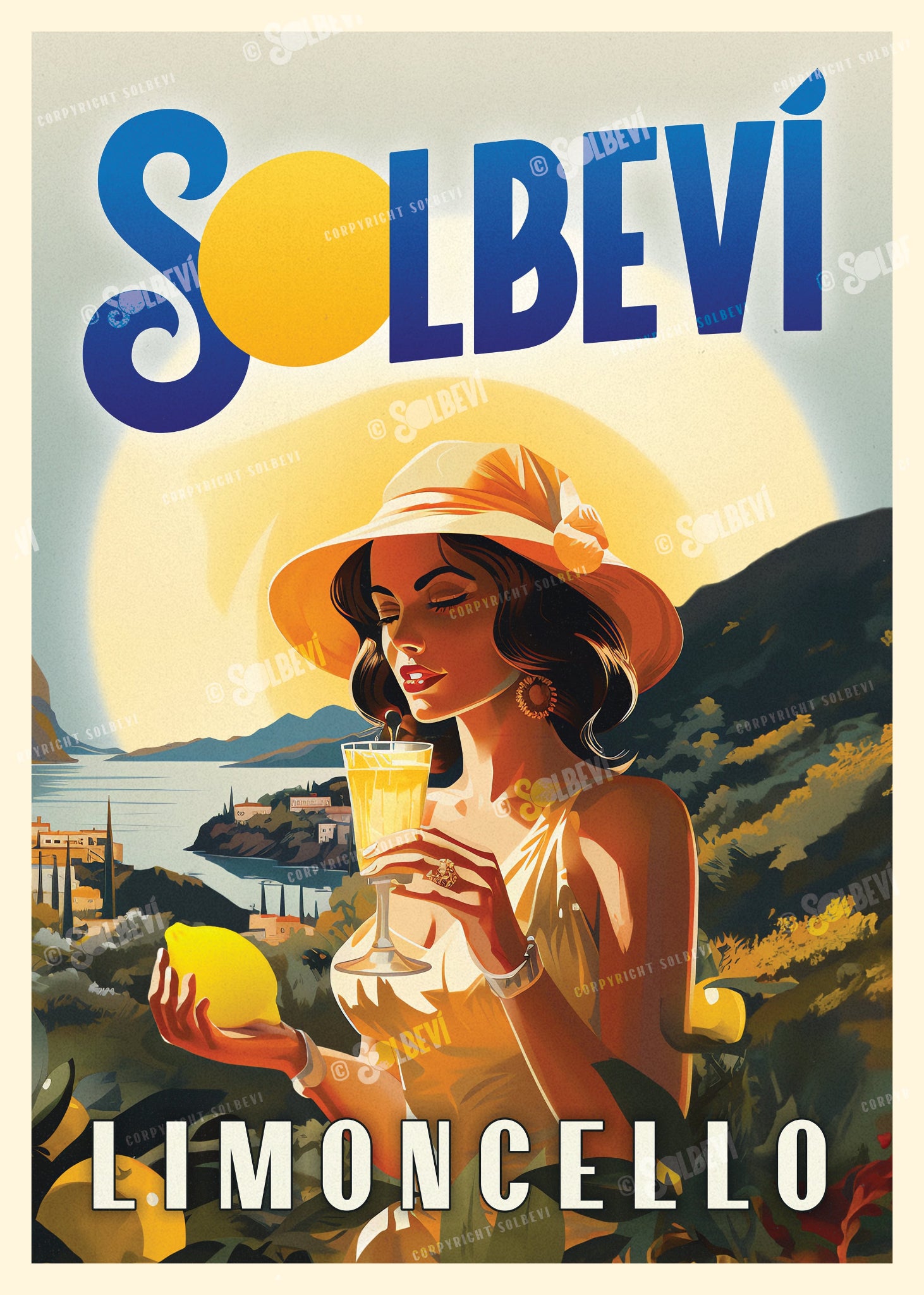 Closer view of Solbevi vintage poster of a woman drinking limoncello, evoking relaxed coastal vibes