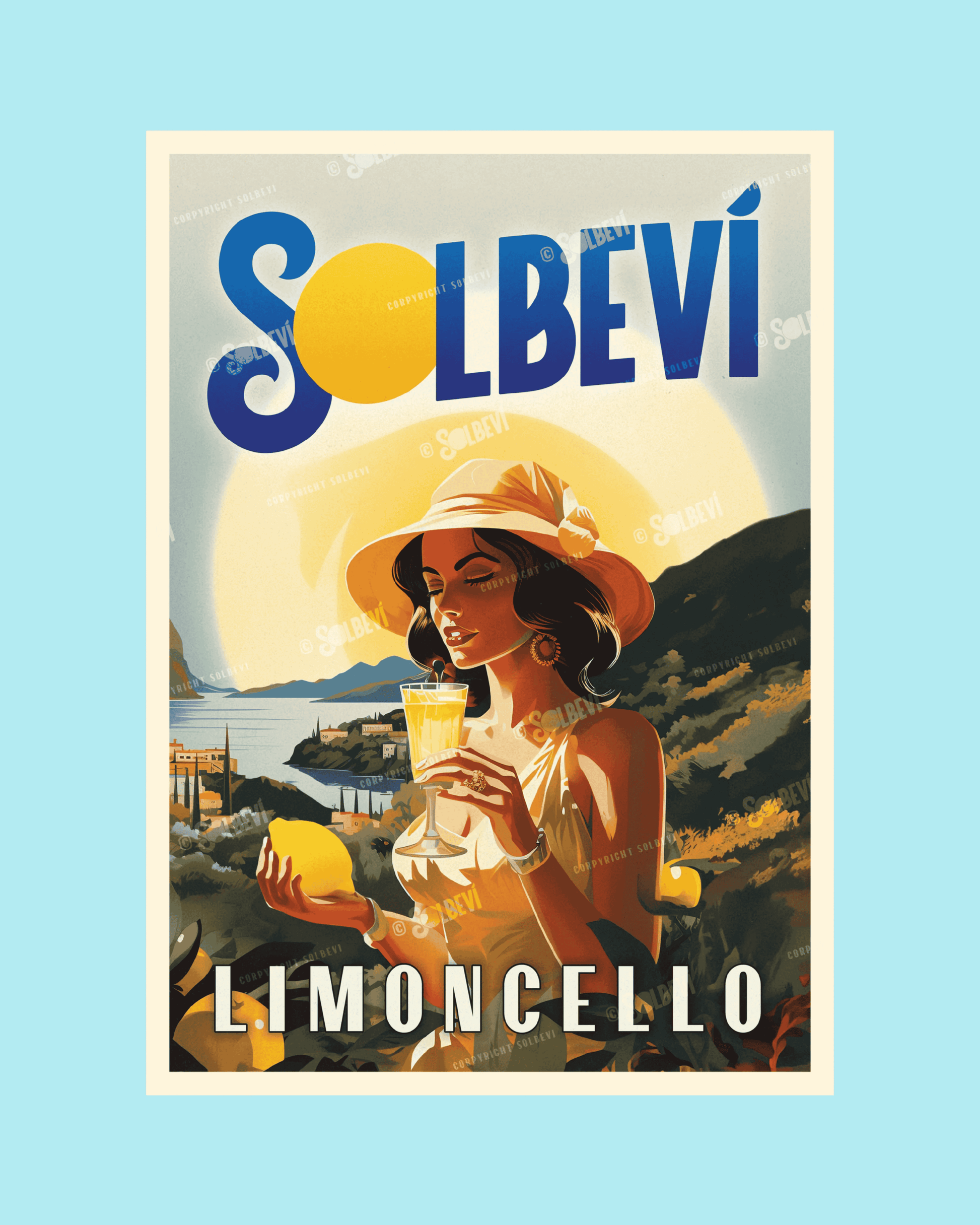 Solbevi vintage poster of a woman drinking limoncello, evoking relaxed coastal vibes